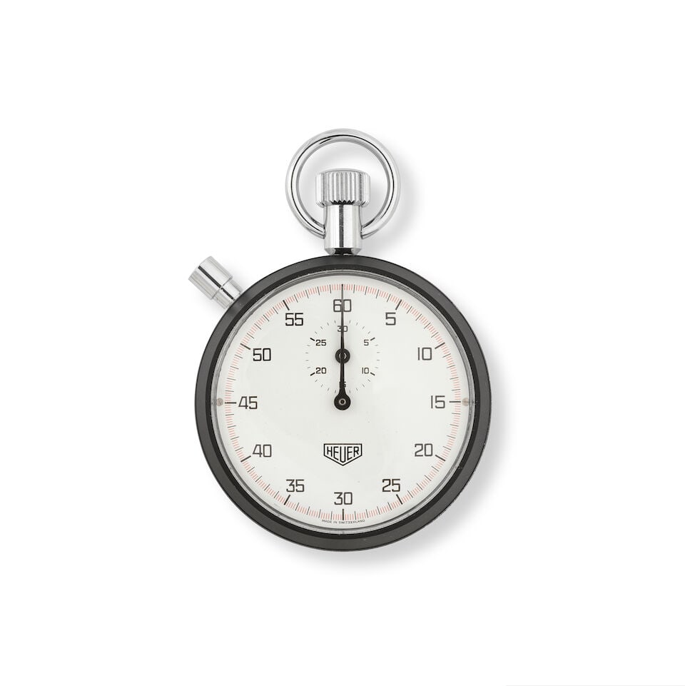 Heuer. A chrome plated and black DLC coated open face keyless wind chronograph pocket watch Heue...: Heuer. A chrome plated and black DLC coated open face keyless wind chronograph pocket watch Heuer. Chronographe de poche à cadran ouvert en acier chromé et PVD noir remontoir au pendant