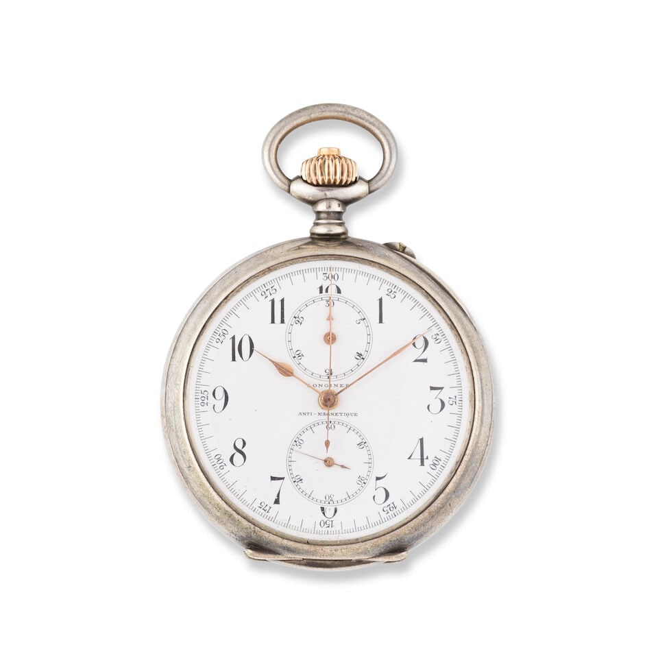 Longines. A steel double open face keyless wind chronograph pocket watch Longines. Chronographe ... (1 of 2)