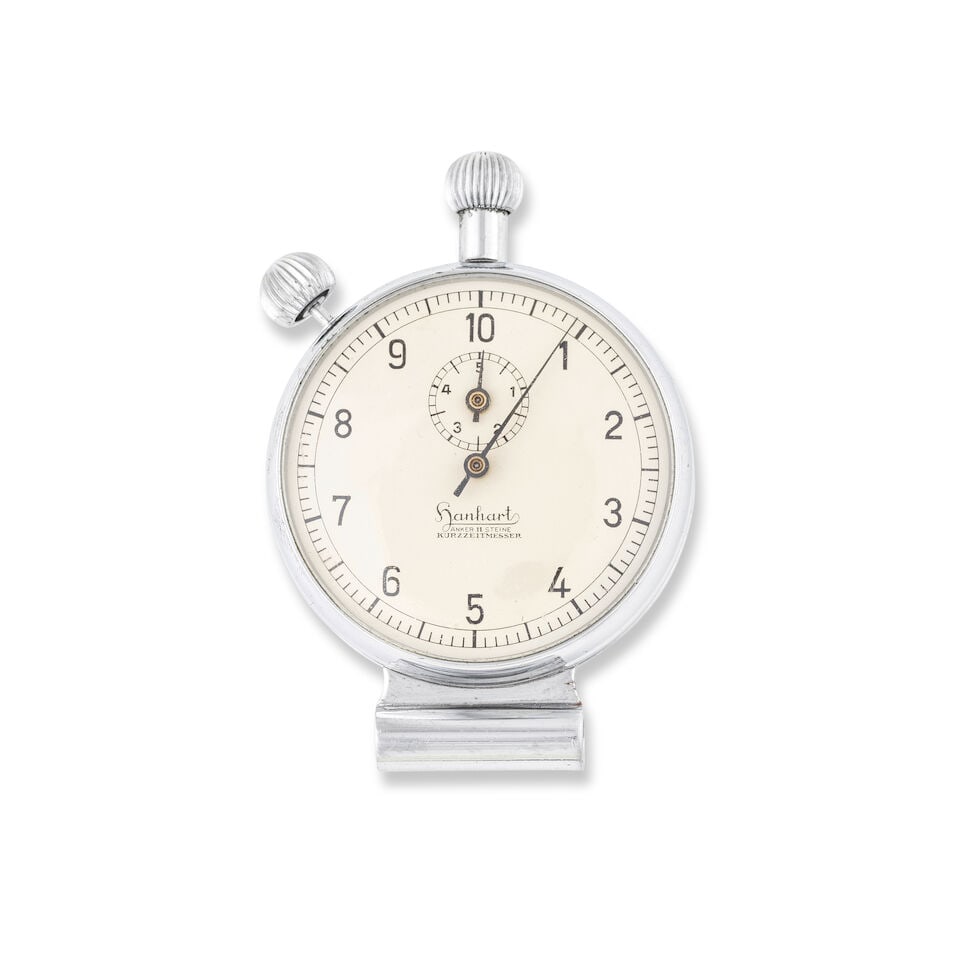 Hanhart. A chrome plated open face keyless wind chronograph stopwatch Hanhart. Chronographe stop...: Hanhart. A chrome plated open face keyless wind chronograph stopwatch Hanhart. Chronographe stopwatch à cadran ouvert en acier chromé remontoir au pendant Model: Kurzzeitmesser Date: Circa 1
