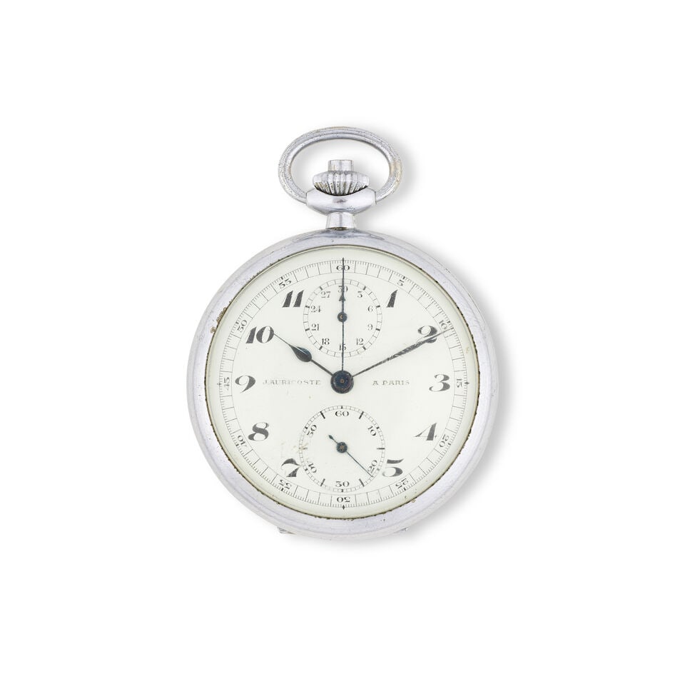 J. Auricoste, Paris. A metal keyless wind open face military chronograph pocket watch J. Auricos...: J. Auricoste, Paris. A metal keyless wind open face military chronograph pocket watch J. Auricoste, Paris. Chronographe de poche militaire à cadran ouvert en métal remontoir au pendant Date:
