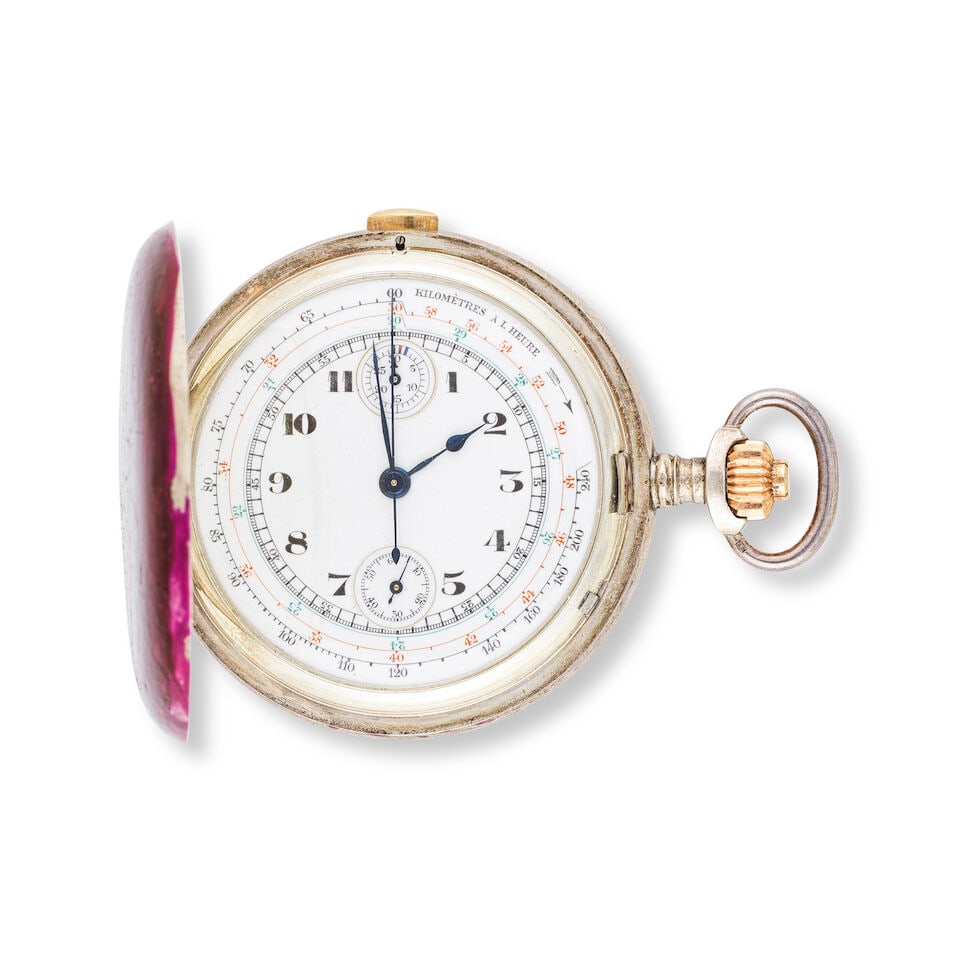 A silver keyless wind open face chronograph pocket watch Chronographe de poche à cadran ouv...: A silver keyless wind open face chronograph pocket watch Chronographe de poche à cadran ouvert en argent (800) remontoir au pendant Date: Circa 1900 Movement: Gilt full plate, Swiss lever, cut an