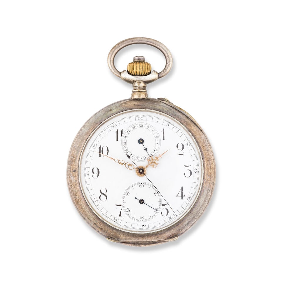 A silver open face keyless wind chronograph pocket watch Chronographe de poche à cadran ouv... (1 of 2)