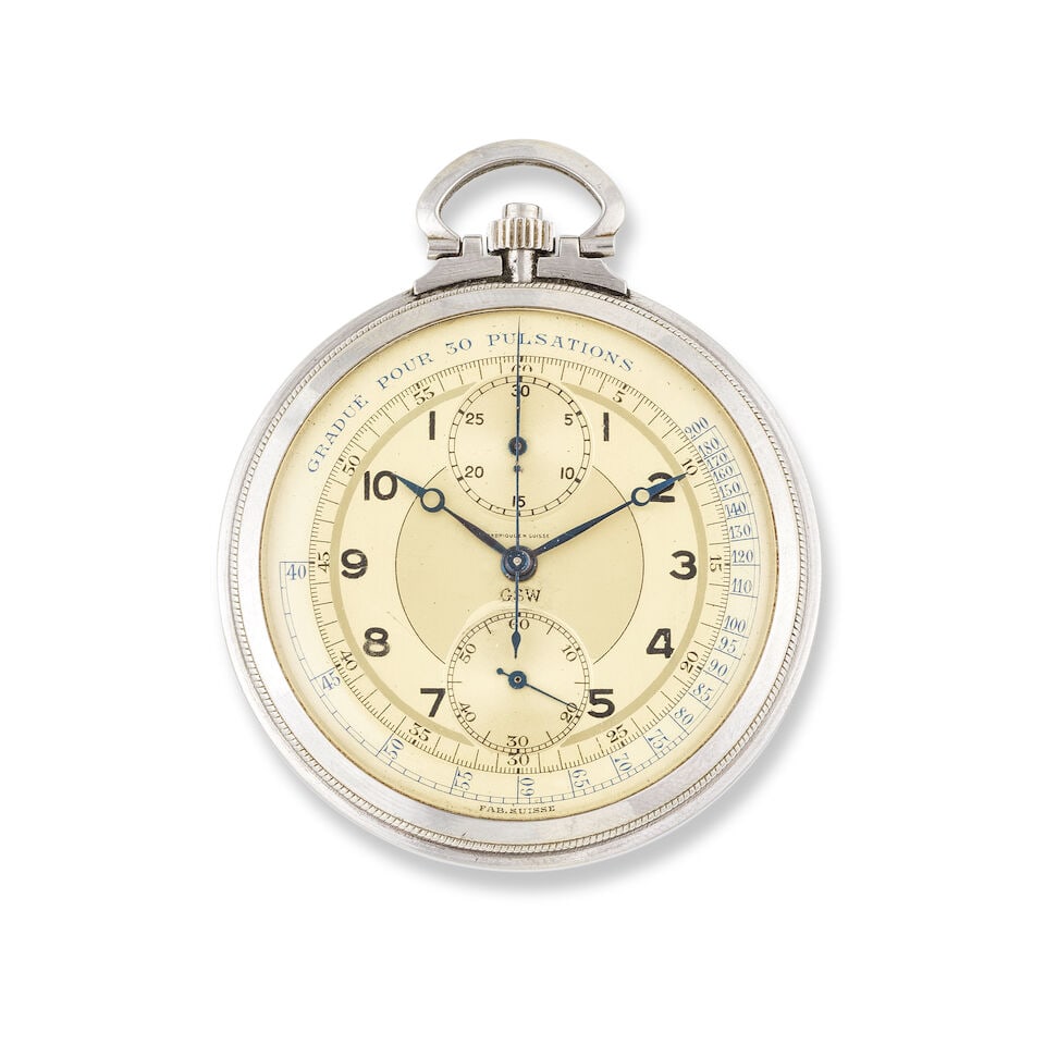 GSW. A stainless steel keyless wind open face chronograph pocket watch GSW. Chronographe de poch... (1 of 2)