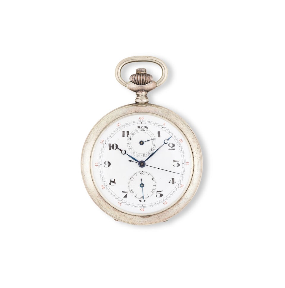 A silver keyless wind open face chronograph pocket watch Chronographe de poche à cadran ouv... (1 of 2)
