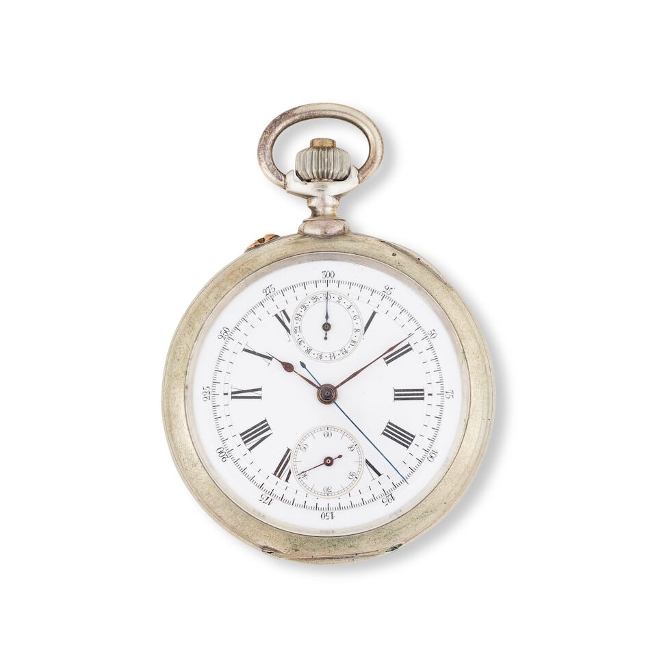 A silver keyless wind open face chronograph pocket watch Chronographe de poche à cadran ouv... (1 of 3)