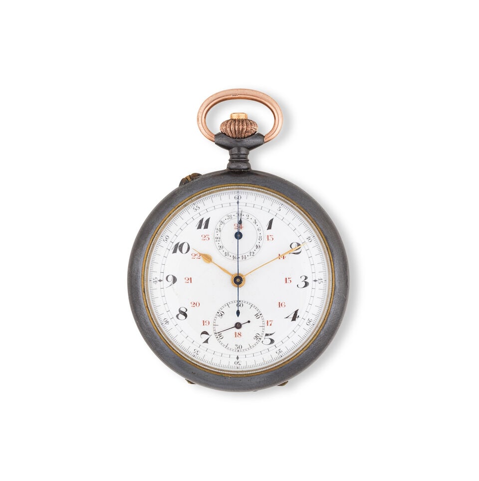 A gunmetal keyless wind open face chronograph pocket watch Chronographe de poche à cadran o...: A gunmetal keyless wind open face chronograph pocket watch Chronographe de poche à cadran ouvert en metal noirci remontoir au pendant Date: Circa 1910 Movement: Gilt full plate, Swiss lever, comp