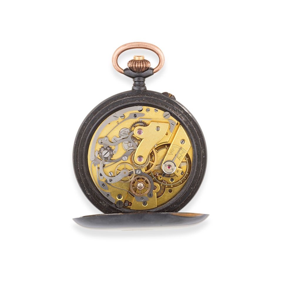 A gunmetal keyless wind open face chronograph pocket watch Chronographe de poche à cadran o... - 2