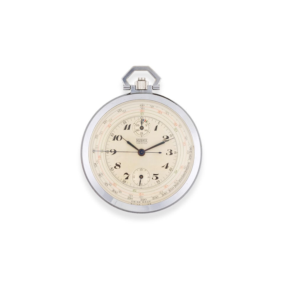 Hugex. A metal keyless wind open face chronograph pocket watch Hugex. Chronographe de poche ...: Hugex. A metal keyless wind open face chronograph pocket watch Hugex. Chronographe de poche à cadran ouvert en metal remontoir au pendant Date: Circa 1940 Movement: Nickel full plate, Swiss lever