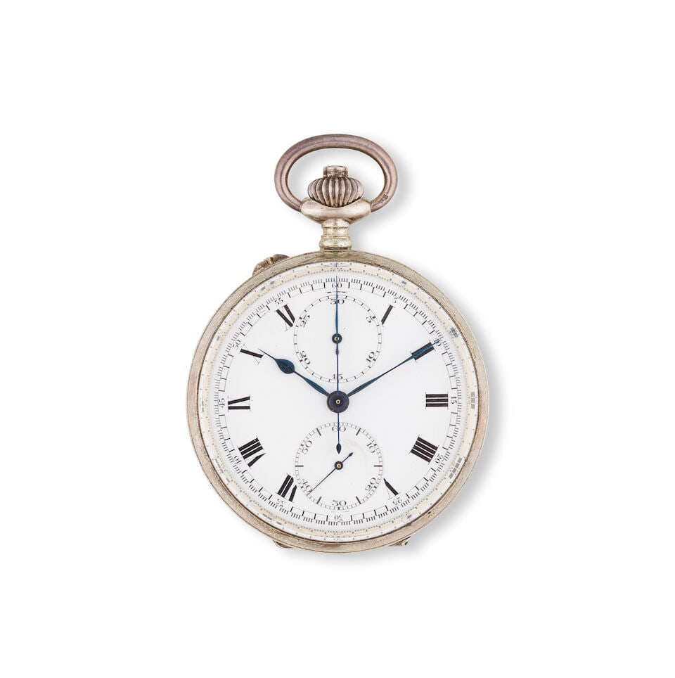 A silver keyless wind open face chronograph pocket watch Chronographe de poche à cadran ouv... (1 of 1)