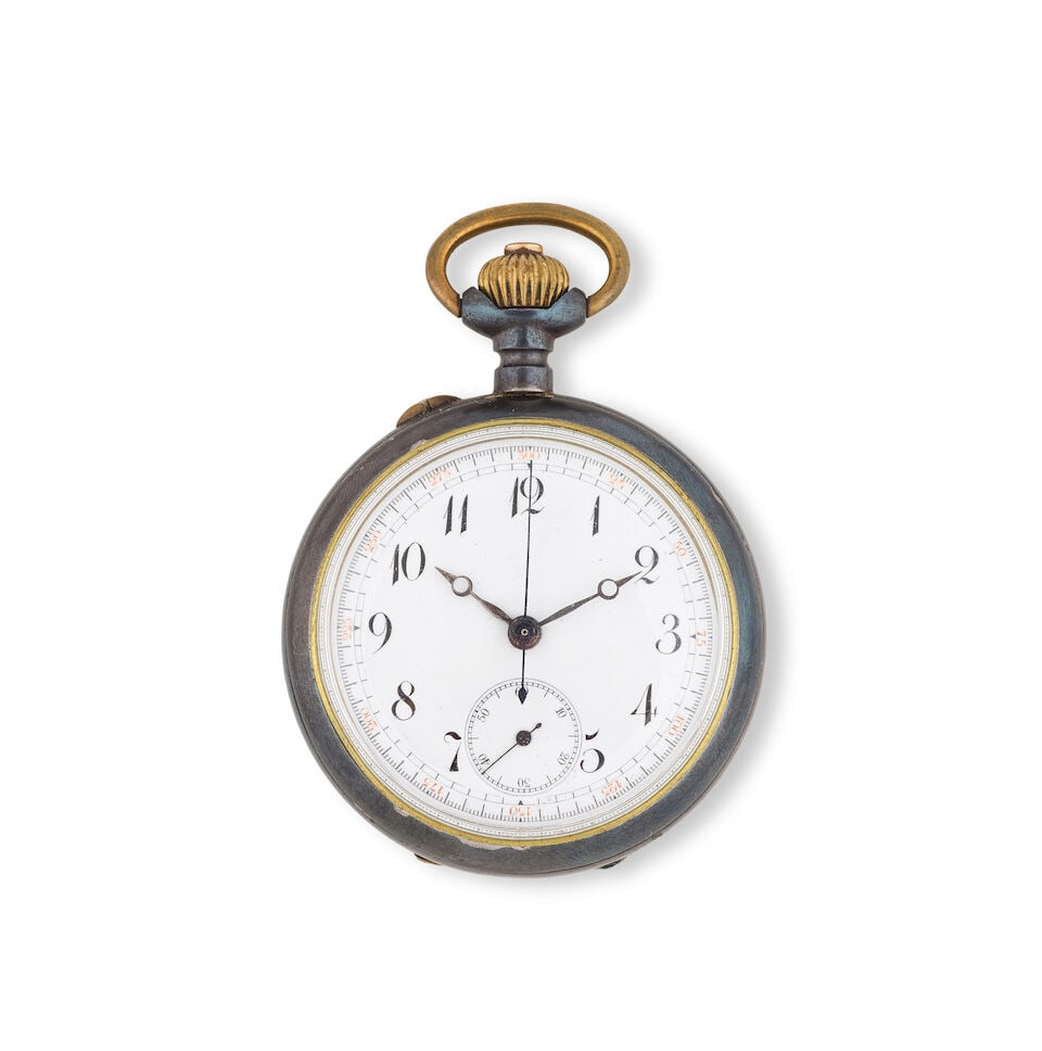 A black metal keyless wind open face chronograph pocket watch Chronographe de poche à cadra... (1 of 2)