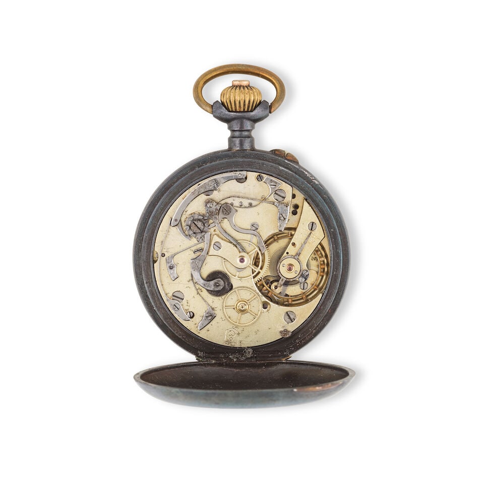 A black metal keyless wind open face chronograph pocket watch Chronographe de poche à cadra... - 2