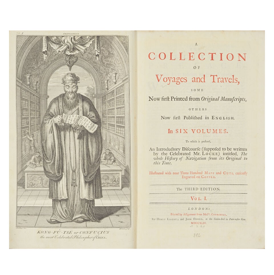 CHURCHILL (AWNSHAM AND JOHN) A Collection of Voyages and Travels... in Six Volumes, 8 vol., pri...: CHURCHILL (AWNSHAM AND JOHN) A Collection of Voyages and Travels... in Six Volumes, 8 vol., third edition, volume 1 with title printed in red and black and engraved frontispiece, engraved plates, maps