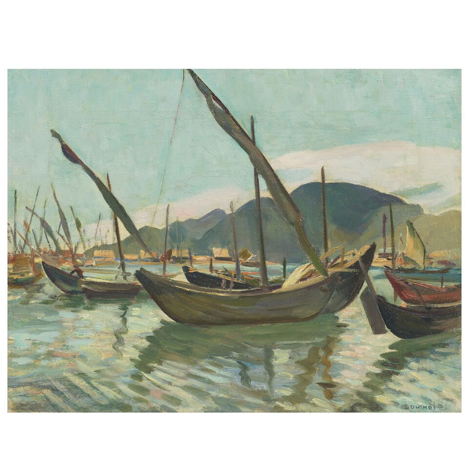 Vera Southby (British, 1895-1987) Junks at Nha Trang, Vietnam, 1956: Vera Southby (British, 1895-1987) Junks at Nha Trang, Vietnam, 1956 signed 'SOUTHBY' (lower right) oil on canvas 13 x 41cm (5 1/8 x 16 1/8in). Footnotes: Provenance With Martyn Gregory, London (acquir