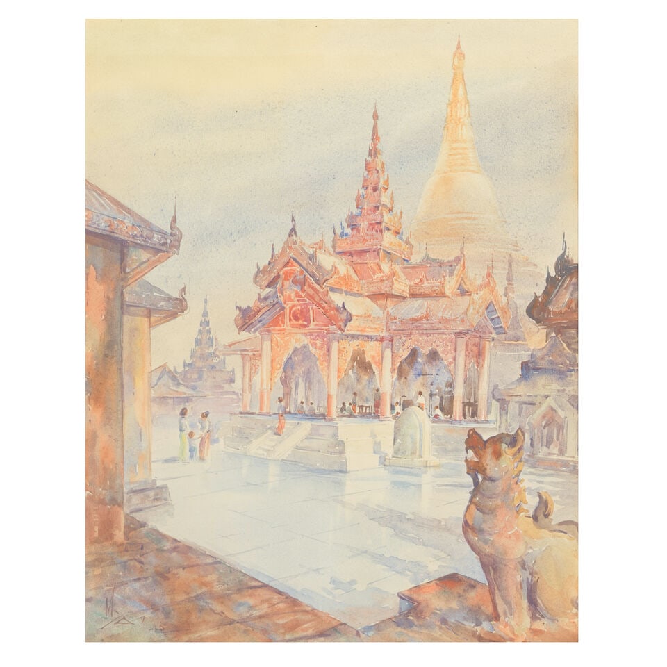 Saya Mya (Burmese, 1893-1979) The terrace of Shwedagon Pagoda, Rangoon: Saya Mya (Burmese, 1893-1979) The terrace of Shwedagon Pagoda, Rangoon signed and dated 'MyA/'45' (lower left) watercolour 31.1 x 24.5cm (12 1/4 x 9 5/8in). Footnotes: Provenance The New Light of Burm