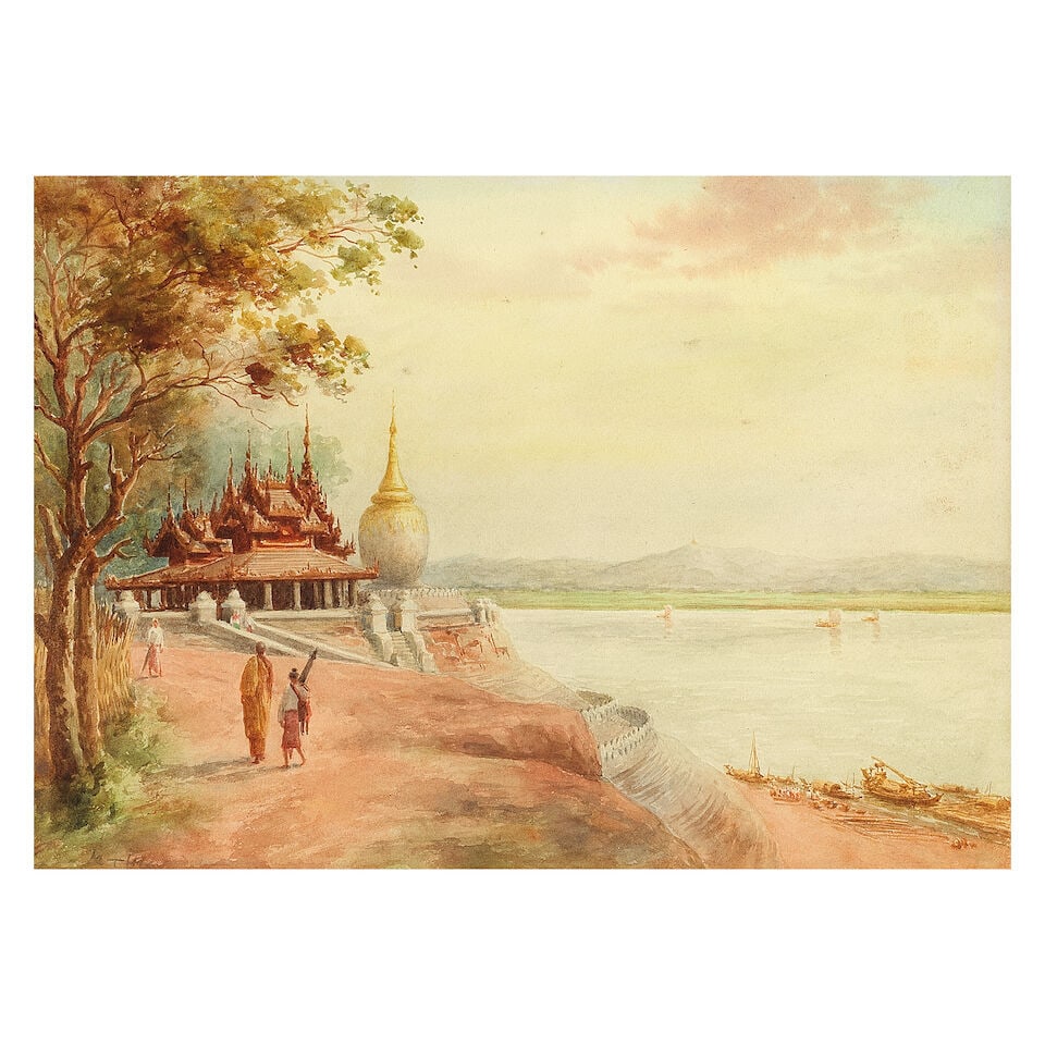 Maung Tun Hla (Burmese, 1874-1946) The Bupaya Pagoda in Pagan (Bagan), Burma: Maung Tun Hla (Burmese, 1874-1946) The Bupaya Pagoda in Pagan (Bagan), Burma signed 'MT Hla' (lower left), bears pencil inscription 'The Boo Pagoda of Pagan' (on label attached to the backing board) w