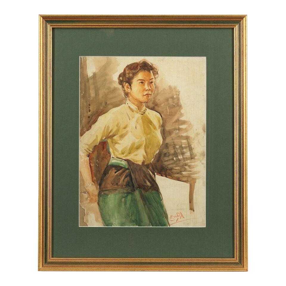 Ngwe Gaing (Burmese, 1901-1967) Portrait of a young lady in green longyi - 2