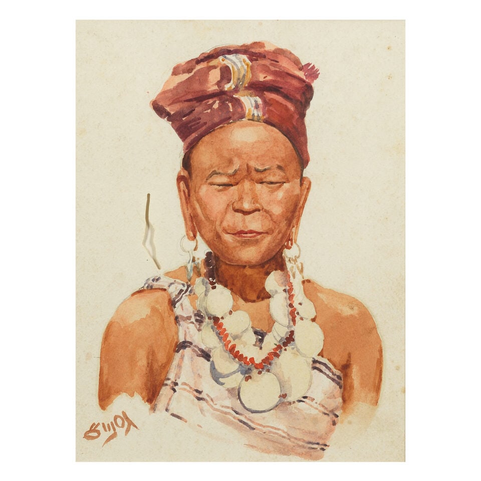 Ngwe Gaing (Burmese, 1901-1967) Portrait of a Lady with a white head dress; Portrait of a lady w... - 2