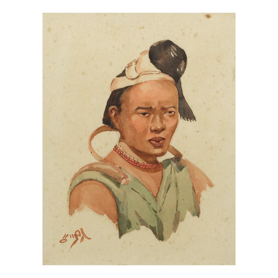 Ngwe Gaing (Burmese, 1901-1967) Portrait of a Lady with a white head dress; Portrait of a lady w... - 3