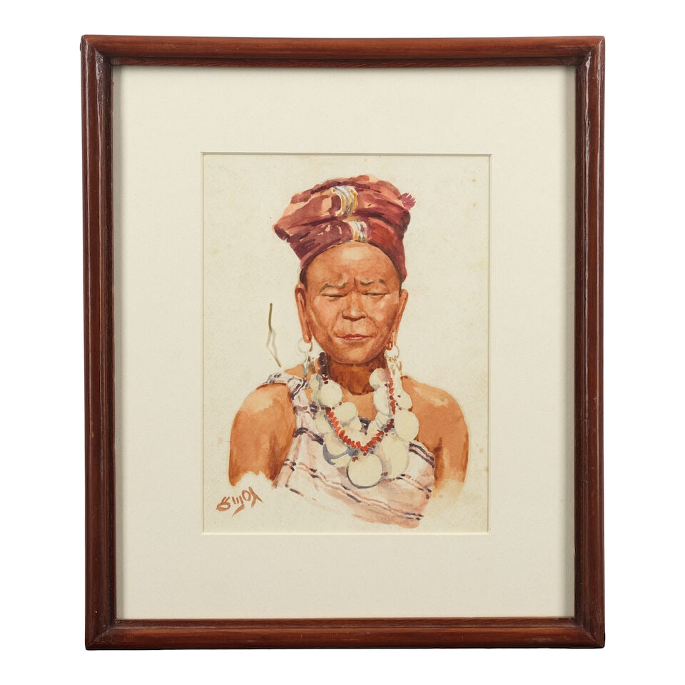 Ngwe Gaing (Burmese, 1901-1967) Portrait of a Lady with a white head dress; Portrait of a lady w... - 4