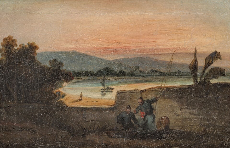 Lamqua (Chinese, active 1805-1830) A bay at sunset with shadowed figures by a wall, Macau - 2