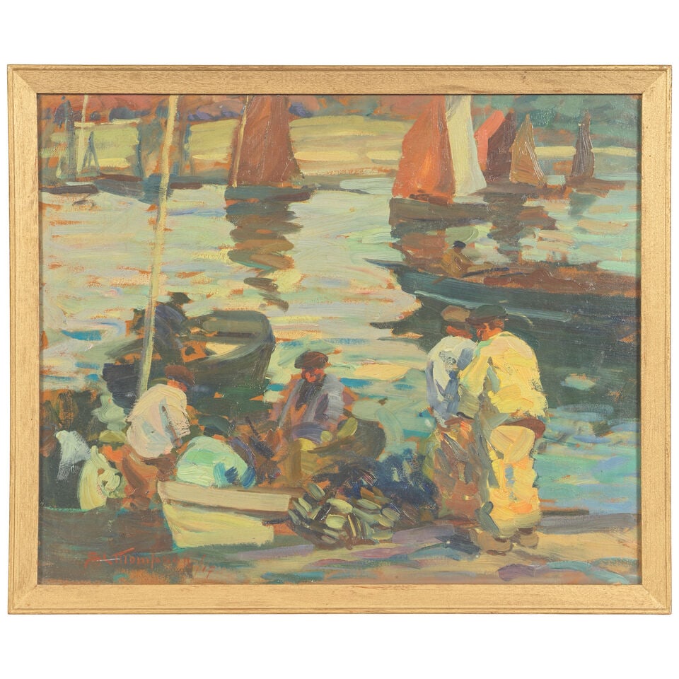 Sydney Lough Thompson (New Zealand, 1877-1973) Fishermen unloading the catch, Concarneau (an oil... - 2