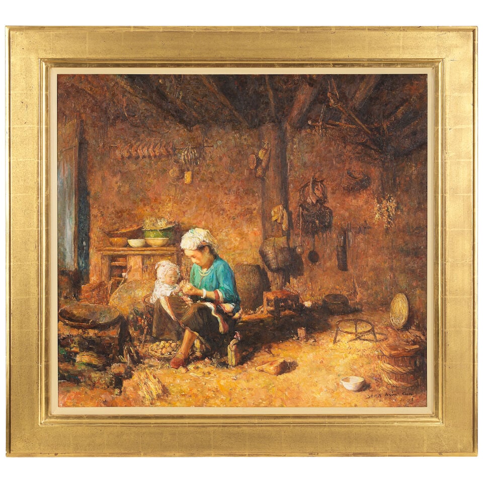 Shen Ming Cun (Chinese, born 1956) Portrait of a mother and child in an interior - 2