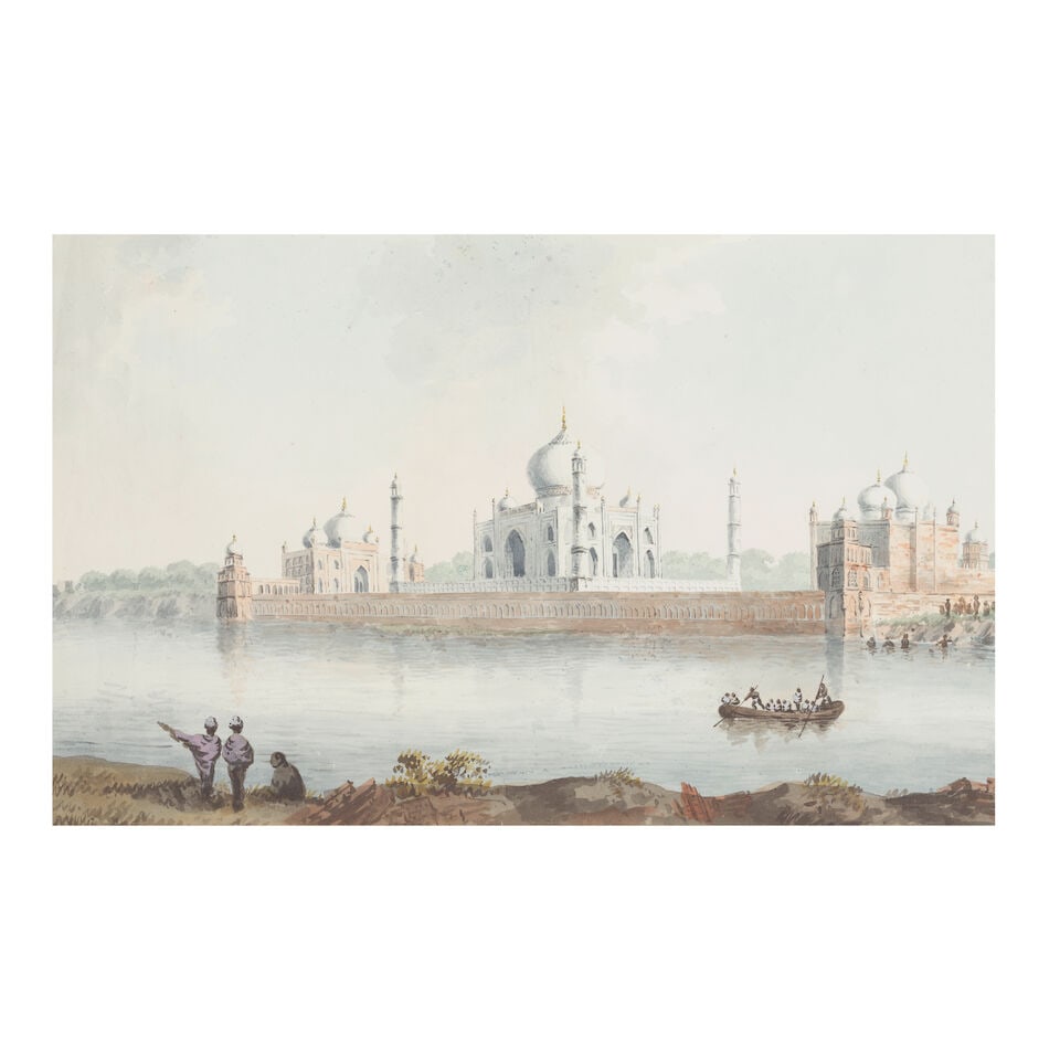 Circle of Robert Hyde Colebrooke (British, 1762-1808) View of the Taj Mahal from the banks of th...: Circle of Robert Hyde Colebrooke (British, 1762-1808) View of the Taj Mahal from the banks of the Yamuna River watercolour with traces of pencil 34 x 55.9cm (13 3/8 x 22in). unframed Footnotes: A simi