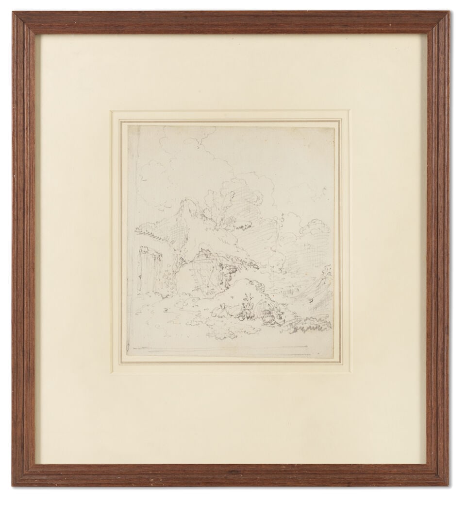 George Chinnery (London 1774-1852 Macau) Sketch of a dilapidated thatched building and goat, ami... - 2