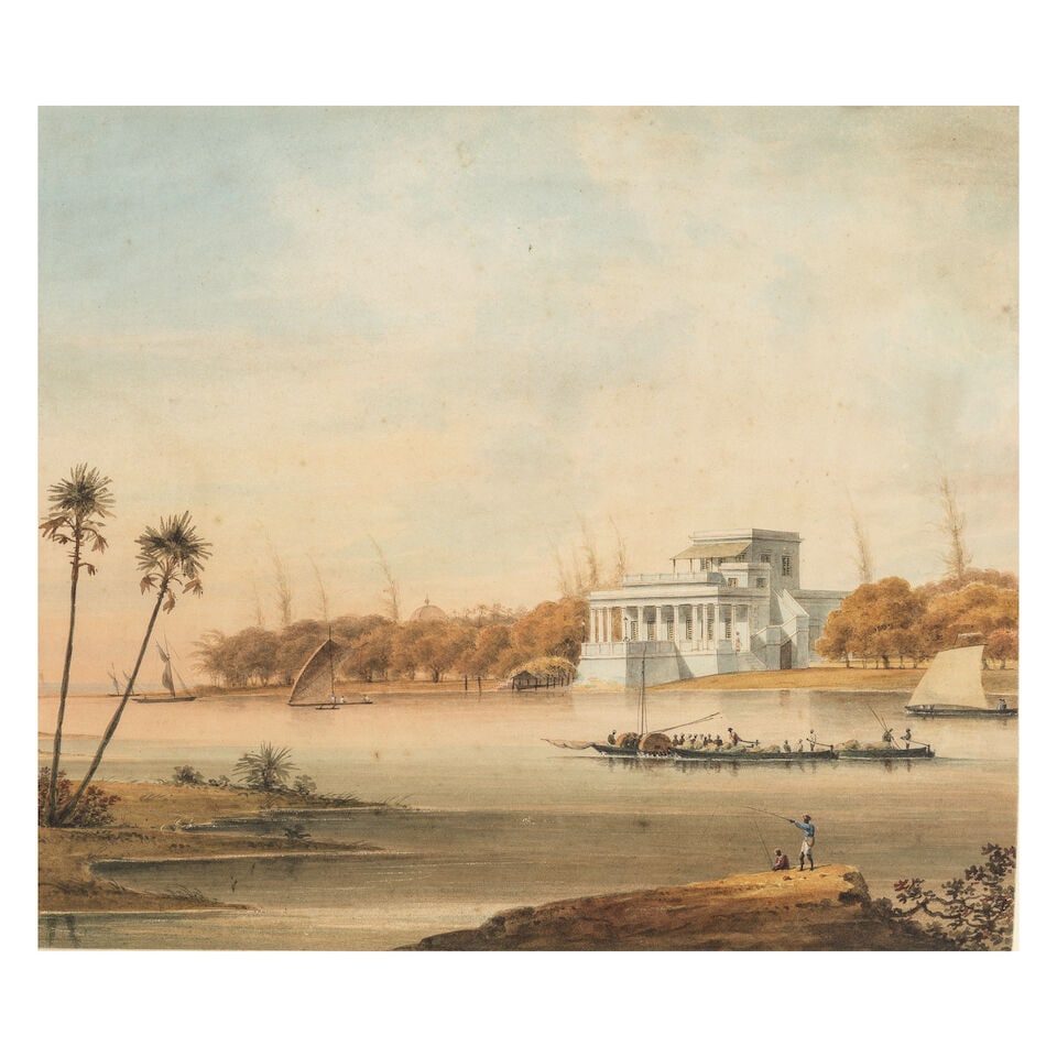 Attributed to Justinian Gantz (British, 1802-1862) A European house beside a river, Madras: Attributed to Justinian Gantz (British, 1802-1862) A European house beside a river, Madras watercolour 28 x 32.4cm (11 x 12 3/4in). Footnotes: Provenance With Sabin Galleries, London. Private collecti