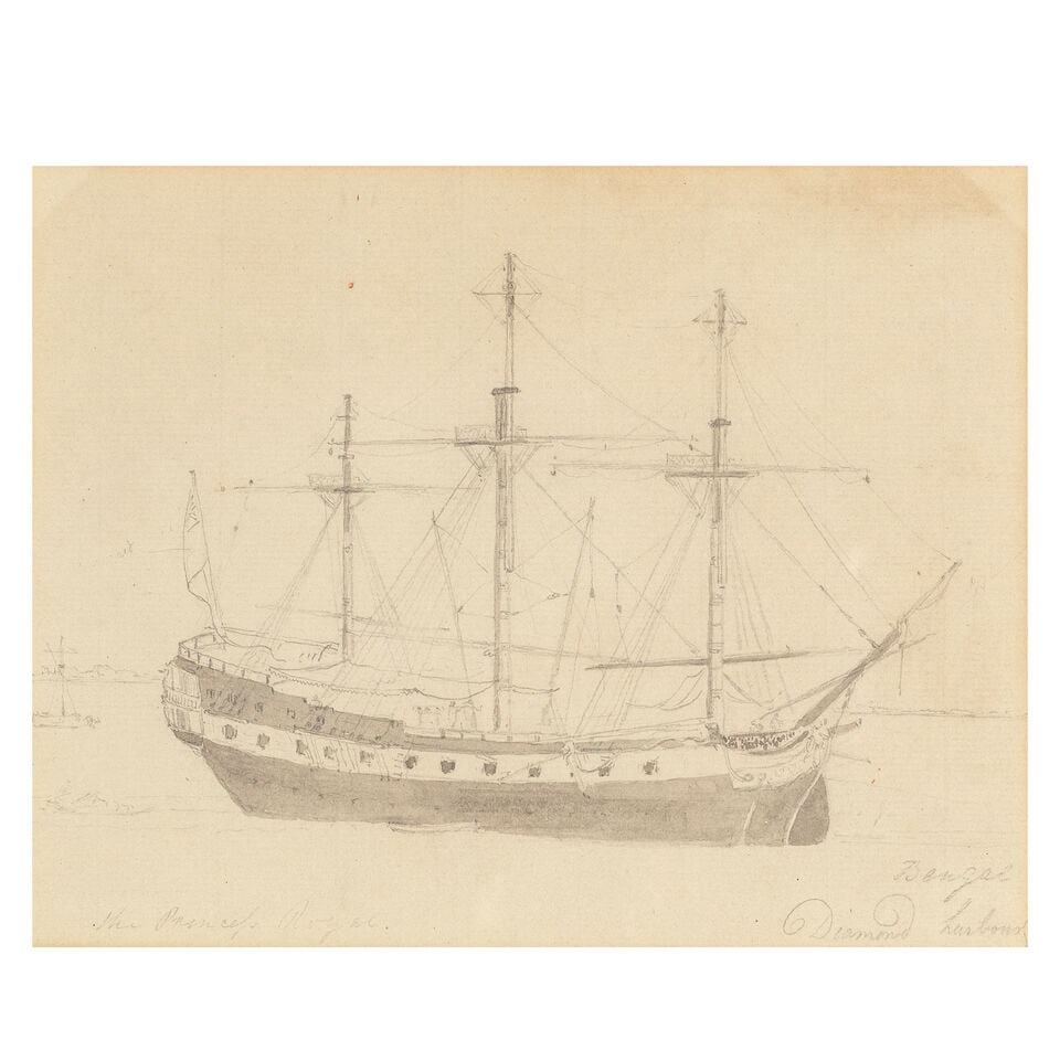 Circle of Thomas Daniell, RA (British, 1749-1840) The Princess Royal, Bengal: Circle of Thomas Daniell, RA (British, 1749-1840) The Princess Royal, Bengal inscribed 'the Princess Royal' (lower left) and 'Bengal/Diamond harbour' (lower right) pencil and wash 16.5 x 21cm (6 1/2 x