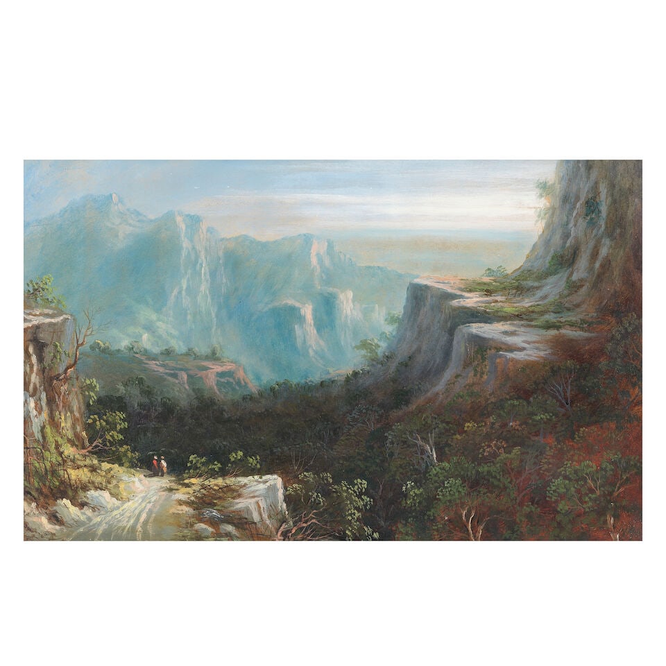 Circle of Johann Moritz Rugendas (German, 1802-1858) Figures walking along a path, thought to be...: Circle of Johann Moritz Rugendas (German, 1802-1858) Figures walking along a path, thought to be the road from Valparaiso to Santiago oil on board 28.5 x 46.6cm (11 1/4 x 18 3/8in). Footnotes: Provena