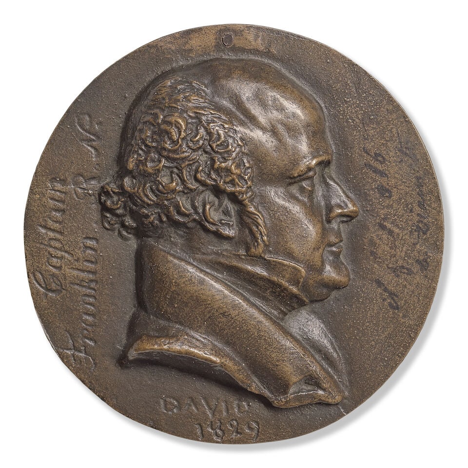 FRANKLIN (SIR JOHN) DAVID D'ANGERS (PIERRE-JEAN) Bronze portrait plaque depicting Sir John Frank...: FRANKLIN (SIR JOHN) DAVID D'ANGERS (PIERRE-JEAN) Bronze portrait plaque depicting Sir John Franklin, head and shoulders, shown in profile facing right, embossed with signature and date 'DAVID 1829' an