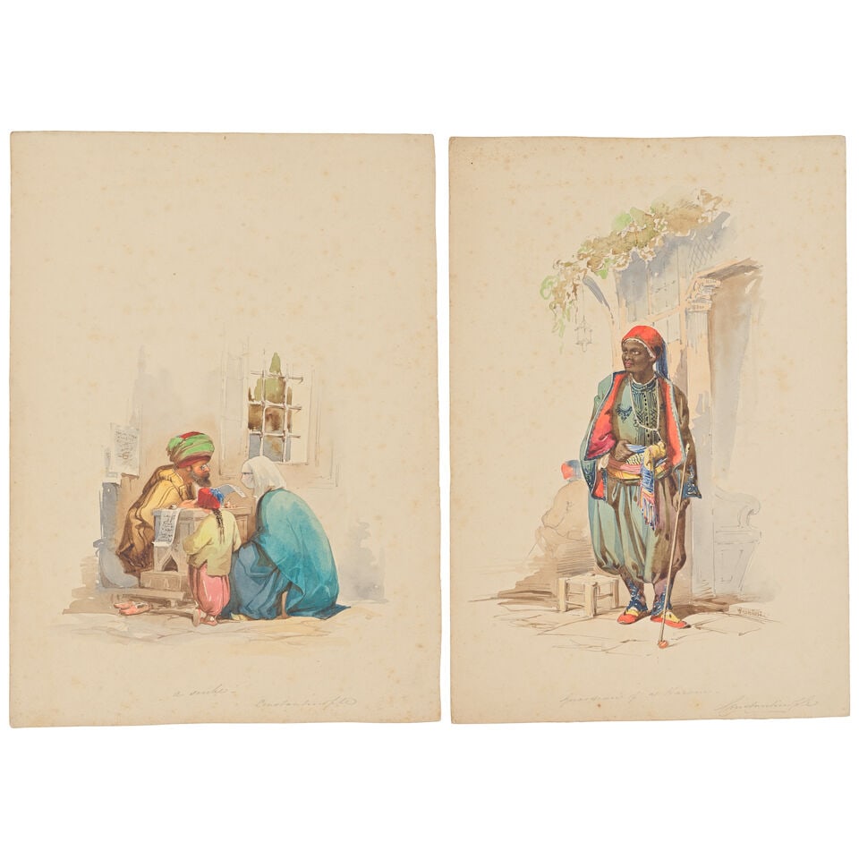 Vittorio Amadeo Preziosi (Maltese, 1816-1882) 'Guardian of a Harem, Constantinople'; 'A Scribe, ...: Vittorio Amadeo Preziosi (Maltese, 1816-1882) Guardian of a harem, Constantinople; A scribe, Constantinople, a set of two the latter signed 'Preziosi' (lower right), both bear titles in pencil (lower 