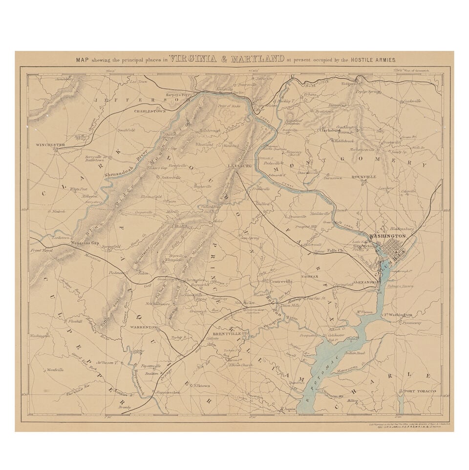 AMERICAN CIVIL WAR Map shewing the principal places in Virginia and Maryland at present occupied...: AMERICAN CIVIL WAR Map shewing the principal places in Virginia and Maryland at present occupied by the Hostile Armies, double-page lithographed map, light toning and 6 small single wormholes, small t