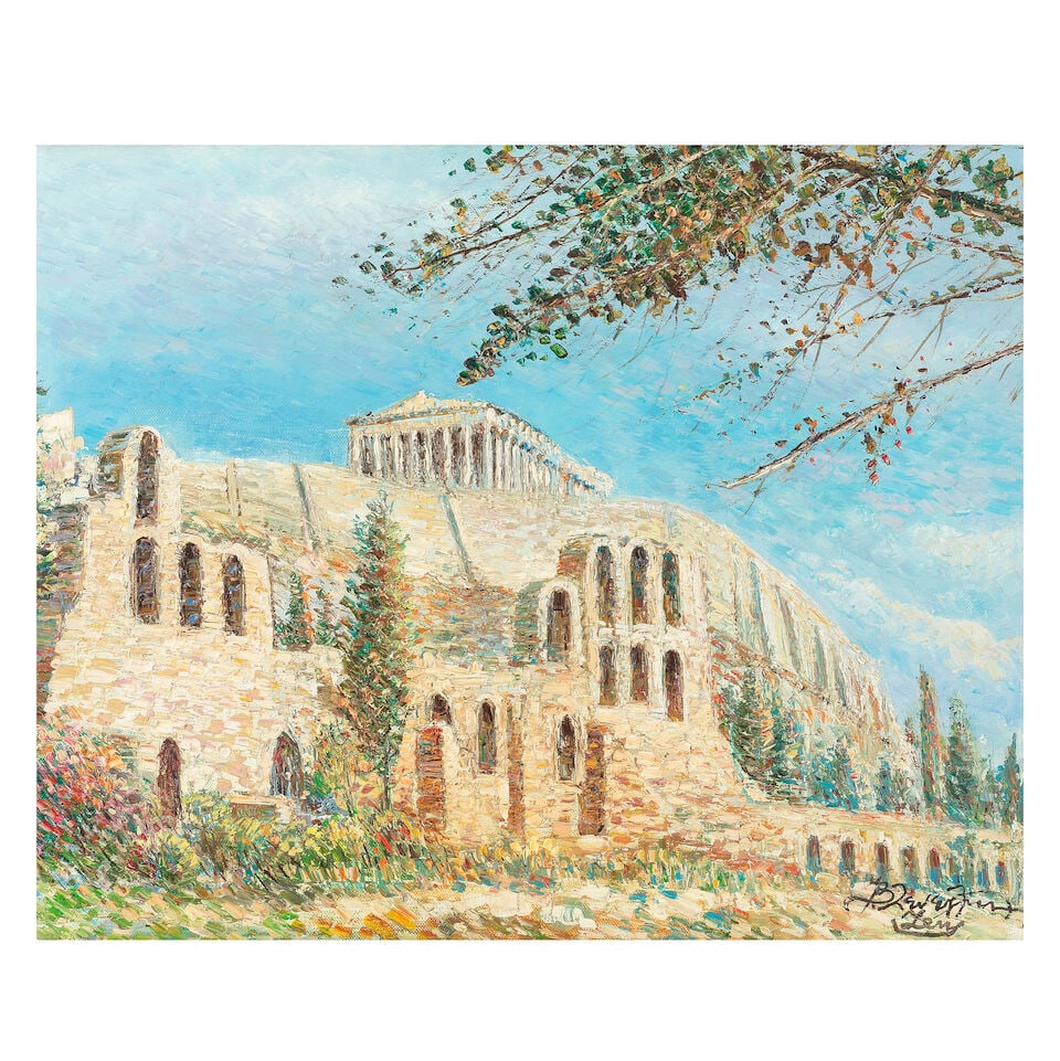 Vasilis Zenetzis (Greek, 1935-2016) The Parthenon and Herod Attikon Theatre with the Acropolis b...: Vasilis Zenetzis (Greek, 1935-2016) The Parthenon and Herod Attikon Theatre with the Acropolis beyond signed in Greek 'Βασίλης Ζενετζ&#