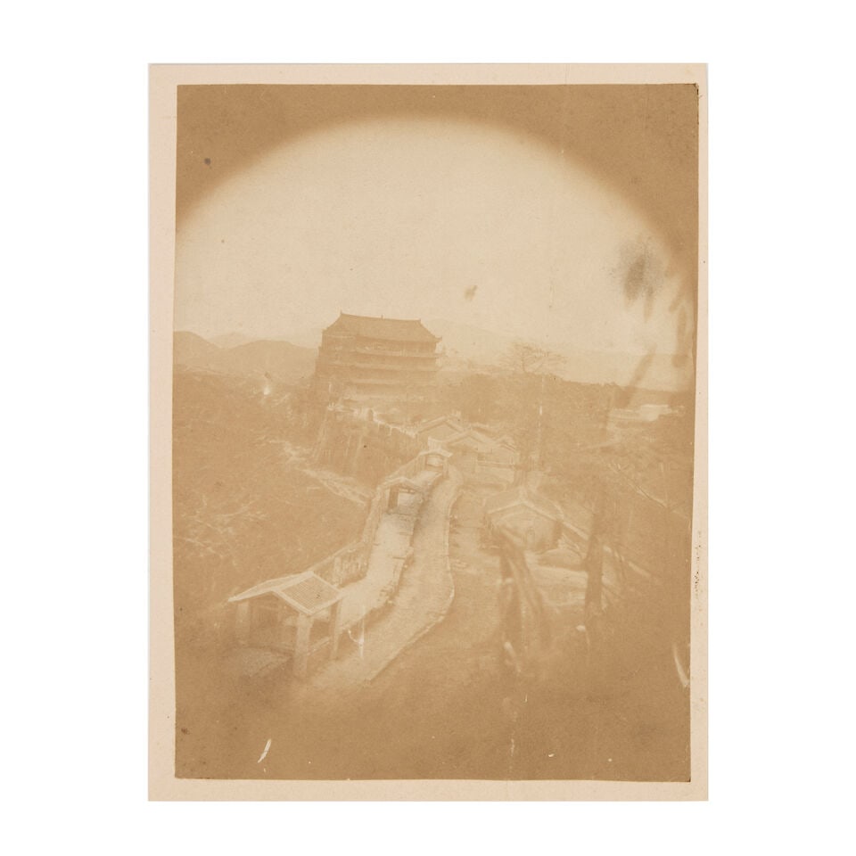 CHINA - SALT PRINTS A group of 1850s salt prints, including the five-storied pagoda at Canton [G...: CHINA - SALT PRINTS A group of 1850s salt prints, including the five-storied pagoda at Canton [Guangzhou], portraits (Chinese lady of Canton; 2 of smartly dressed Chinese boy), French soldiers (2 with