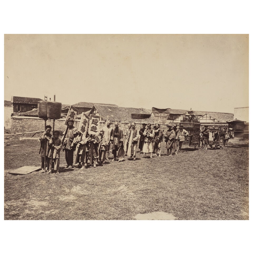 CHINA SAUNDERS (WILLIAM) 'Chinese official's (Mandarin's) procession' (2 copies, c.1870-1900 (5): CHINA SAUNDERS (WILLIAM) 'Chinese official's (Mandarin's) procession' (2 copies, one with printed caption on mount); Procession with Mandarin on horse, and palanquin--'Heathen Temple in China', printe