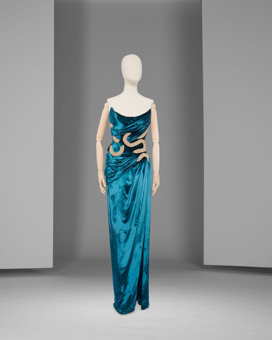 Ralph & Russo Haute Couture: Teal Silk Velvet Strapless Gown Autumn/Winter 2018, Runway Look 37: Ralph & Russo Haute Couture: Teal Silk Velvet Strapless Gown Autumn/Winter 2018, Runway Look 37 Teal silk velvet strapless gown featuring structured bodice and draped skirt with thigh-high