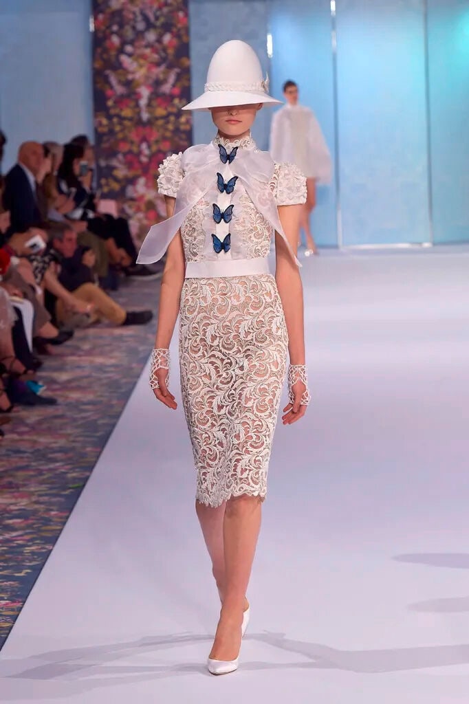 Ralph & Russo Haute Couture: White and Silver Guipure Tailored Dress with Butterfly Details Autu - 2
