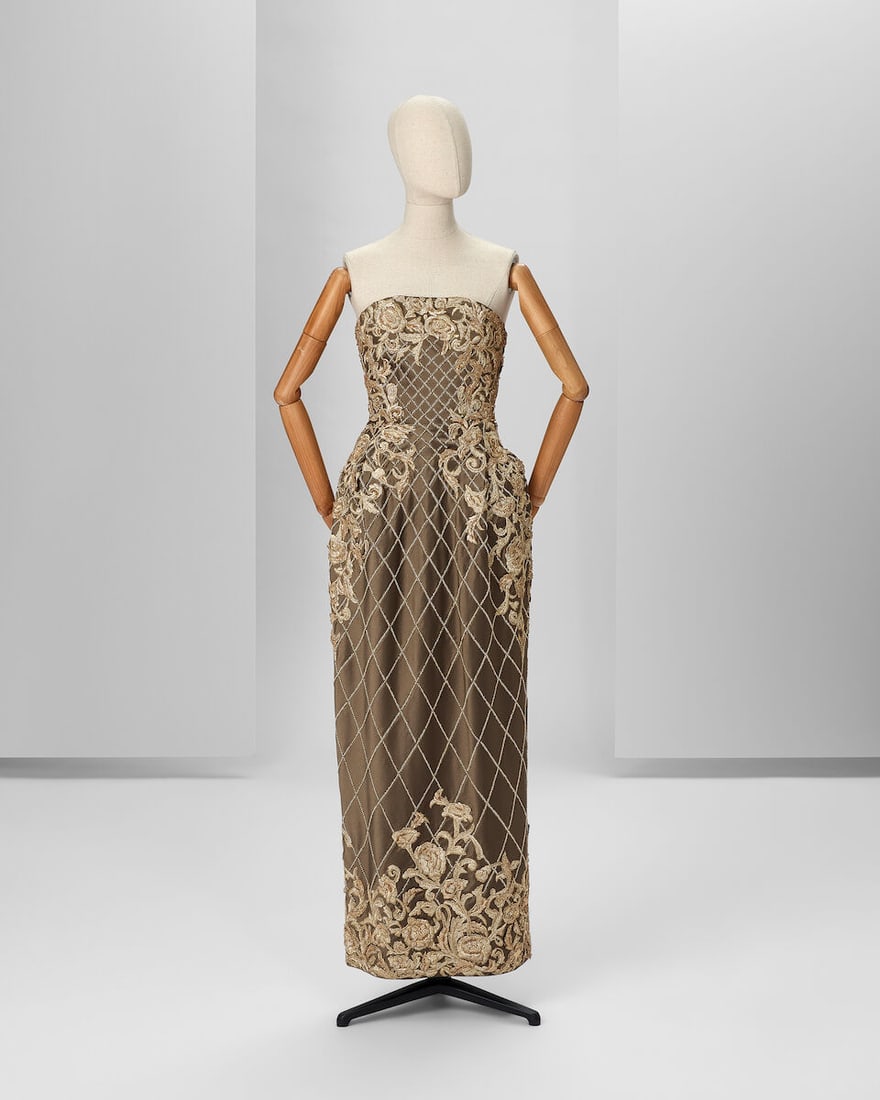 Ralph & Russo Haute Couture: Dark Gold Silk Zibeline Strapless Pencil Dress Autumn/Winter 2015,  (1 of 4)