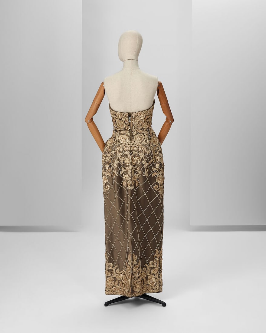 Ralph & Russo Haute Couture: Dark Gold Silk Zibeline Strapless Pencil Dress Autumn/Winter 2015,  - 3