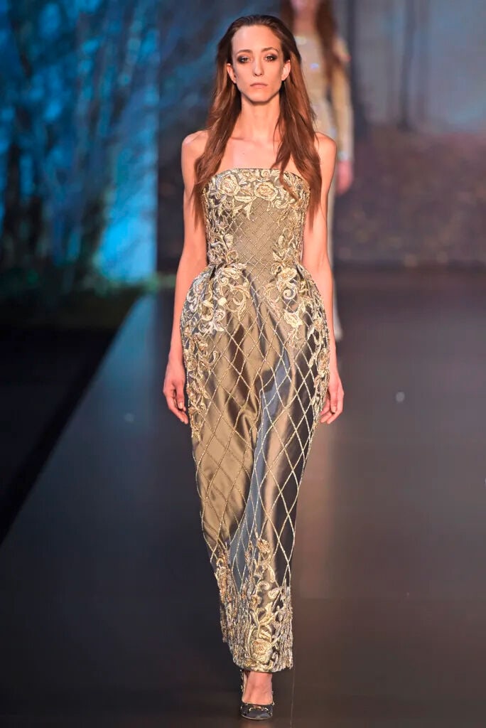 Ralph & Russo Haute Couture: Dark Gold Silk Zibeline Strapless Pencil Dress Autumn/Winter 2015,  - 4