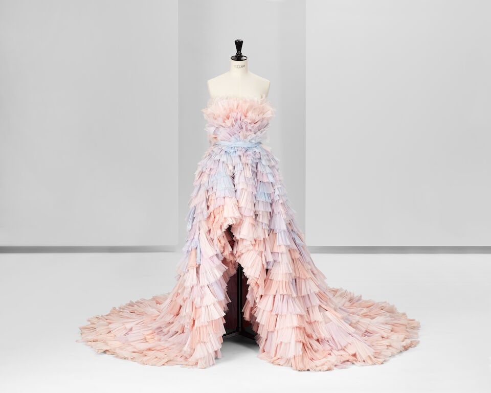 Ralph & Russo Haute Couture: Pastel Silk Organza Ballgown Autumn/Winter 2019, Runway Look 20: Ralph & Russo Haute Couture: Pastel Silk Organza Ballgown Autumn/Winter 2019, Runway Look 20 Pastel pink, peach, lavender and blue silk organza ballgown featuring an all-over hand-pleated fan