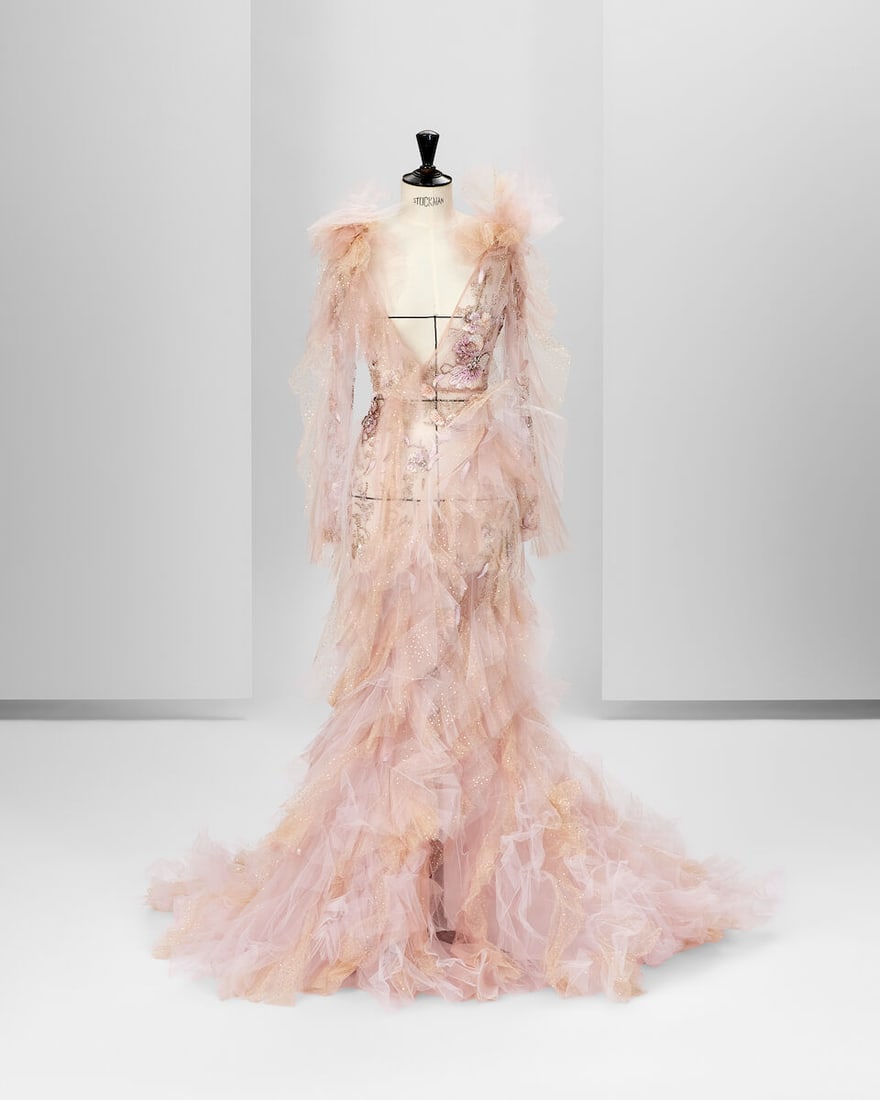 Ralph & Russo Haute Couture: Pale Pink Tulle Fishtail Gown Autumn/Winter 2019, Runway Look 24: Ralph & Russo Haute Couture: Pale Pink Tulle Fishtail Gown Autumn/Winter 2019, Runway Look 24 Pale pink tulle fishtail gown featuring a plunging neckline, hand embroidered with silk threadwork,