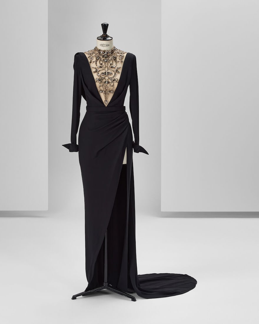 Ralph & Russo Haute Couture: Black Crêpe Draped Gown with Plunging Neckline Autumn/Winter 2: Ralph & Russo Haute Couture: Black Crêpe Draped Gown with Plunging Neckline Autumn/Winter 2017, Runway Look 10 Black crêpe draped gown with plunging illusion tulle neckline embroidered w