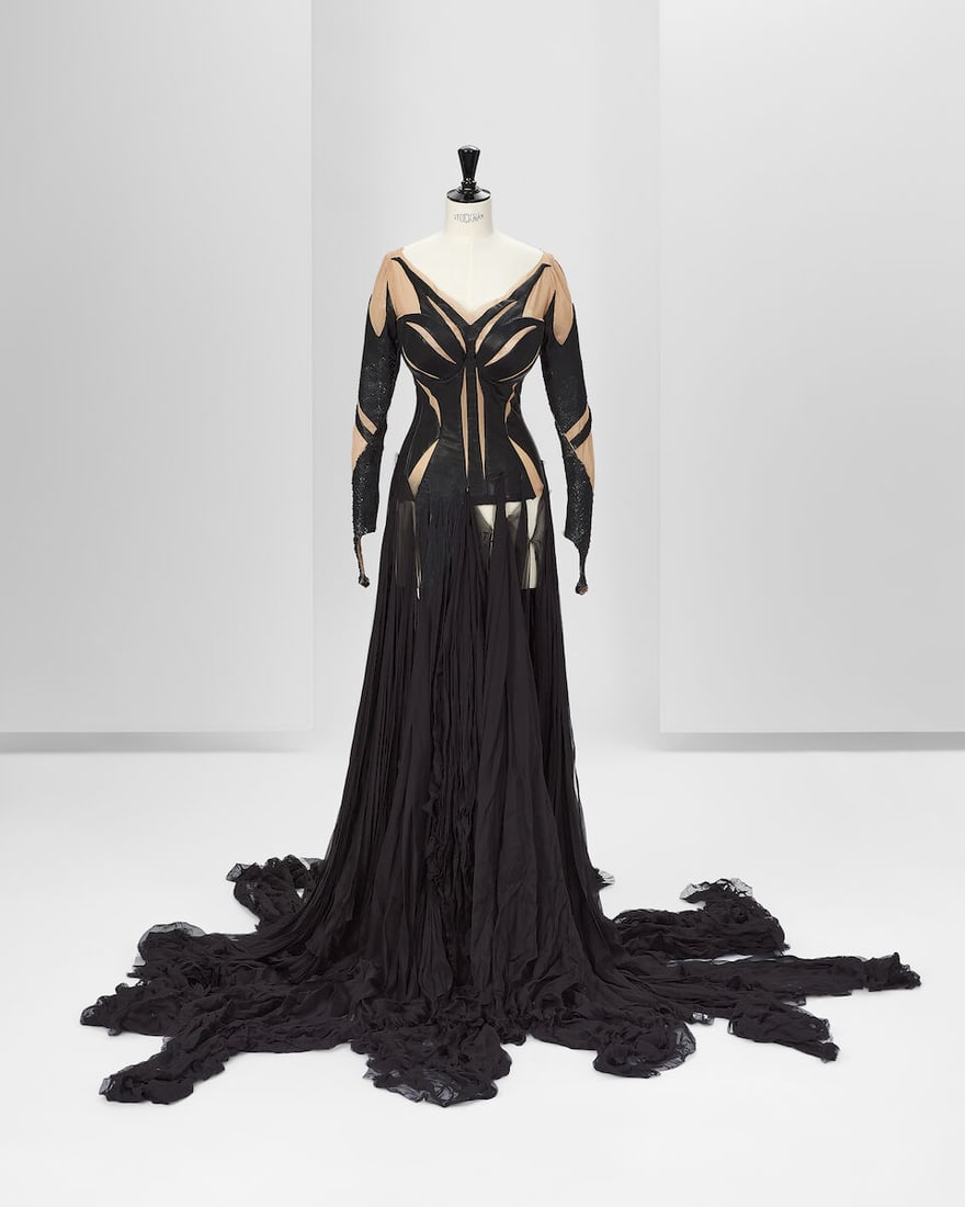 Ralph & Russo Haute Couture Exclusive: Custom Made Gown Created for Angelina Jolie for Maleficen: Ralph & Russo Haute Couture Exclusive: Custom Made Gown Created for Angelina Jolie for Maleficent: Mistress of Evil 2019 Cut out black leather appliqued to flesh tone tulle body, black snakeskin s