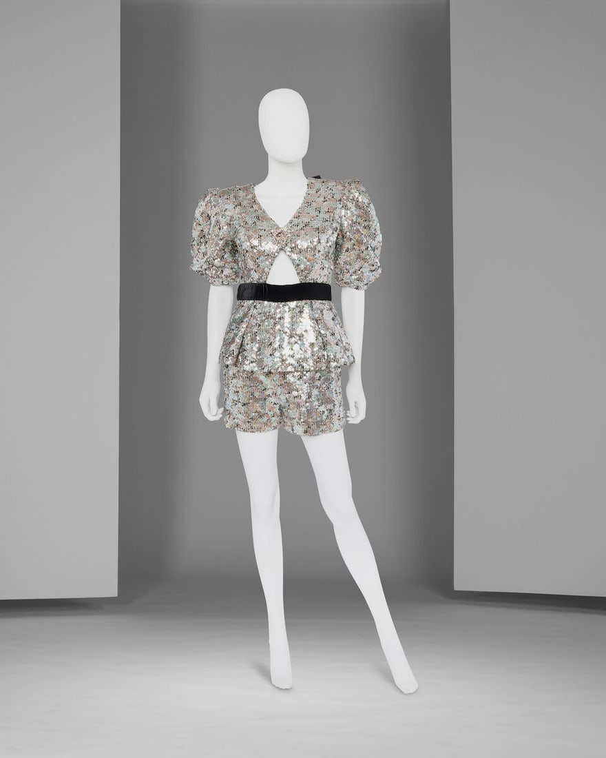 Ralph & Russo Haute Couture: Silver Shorts Ensemble Autumn/Winter 2018, Runway Look 7: Ralph & Russo Haute Couture: Silver Shorts Ensemble Autumn/Winter 2018, Runway Look 7 Multicoloured tweed peplum jacket and mini shorts, embellished in all over iridescent sequins, featuring