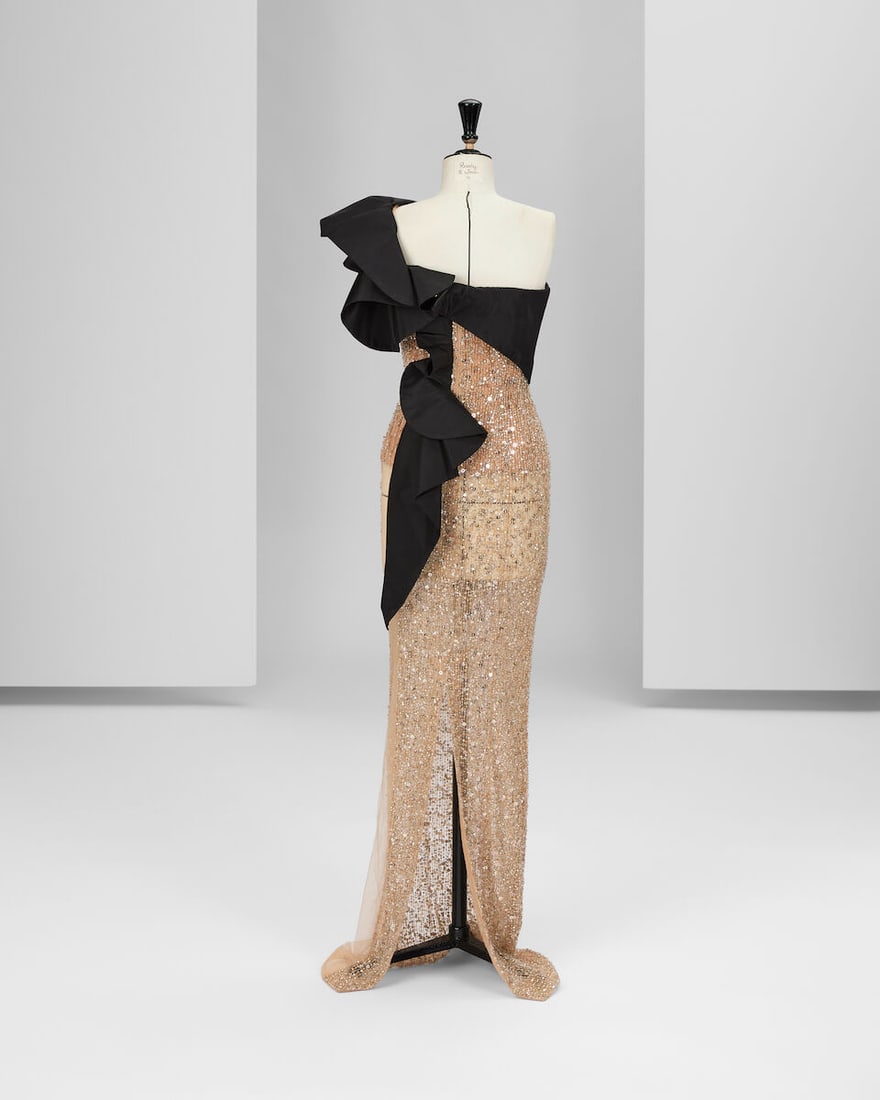 Ralph & Russo Haute Couture Exclusive: Rose Gold Tulle Pencil Gown with Black Drape - 3
