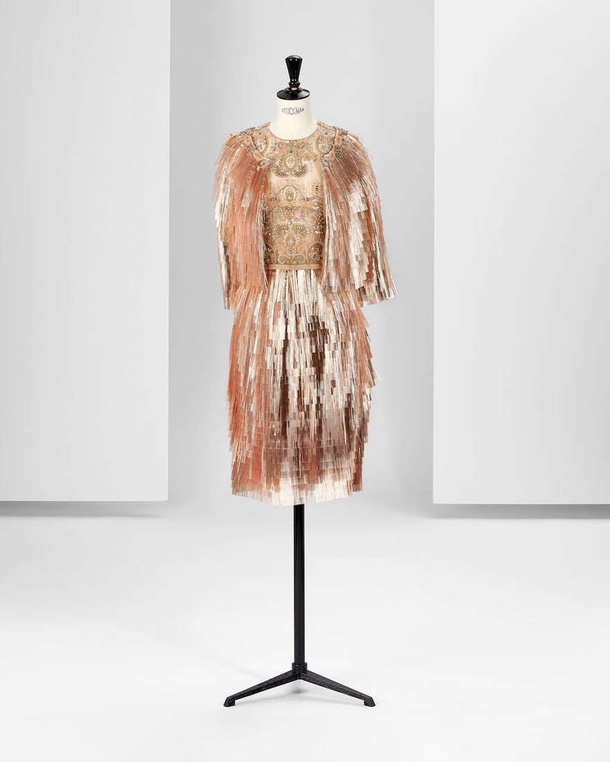 Ralph & Russo Haute Couture: Rose Gold Foil Cocktail Dress and Cape Autumn/Winter 2017, Runway L: Ralph & Russo Haute Couture: Rose Gold Foil Cocktail Dress and Cape Autumn/Winter 2017, Runway Look 18 Rose gold cocktail dress with foil fringe pencil skirt, bullion and crystal embroidered