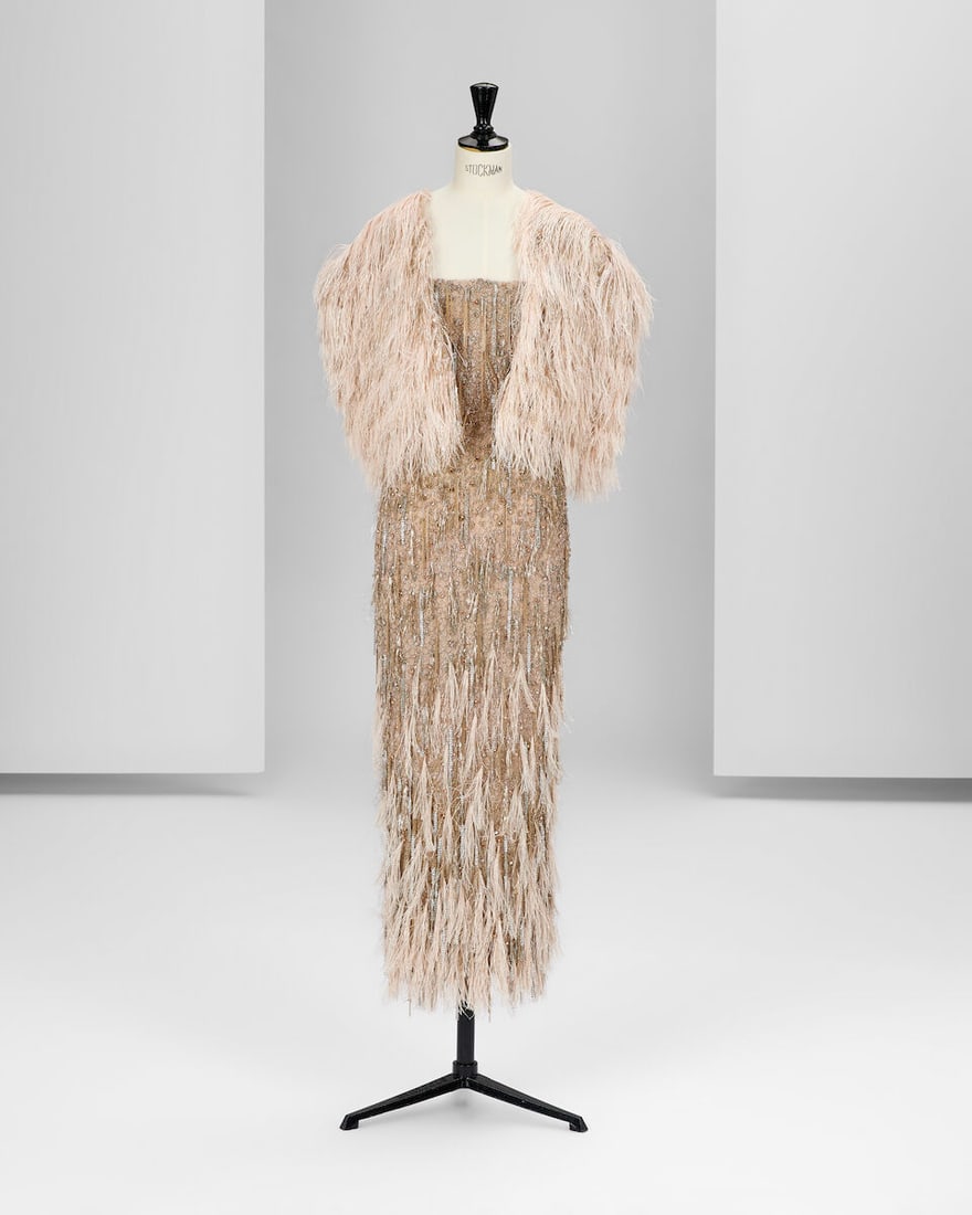 Ralph & Russo Haute Couture Exclusive: Nude Pink Tulle Midi Pencil Dress and Cape: Ralph & Russo Haute Couture Exclusive: Nude Pink Tulle Midi Pencil Dress and Cape Nude pink tulle corset midi pencil dress embellished with hand-stitched crystals, metallic foil fringes and rose